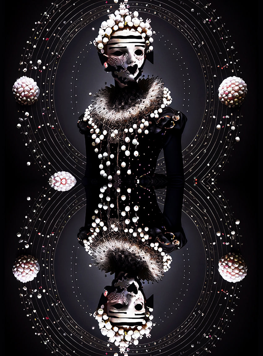 Zwart-witte jacquarddeken met gemaskerde figuur, parels, cirkels en barokke details.
