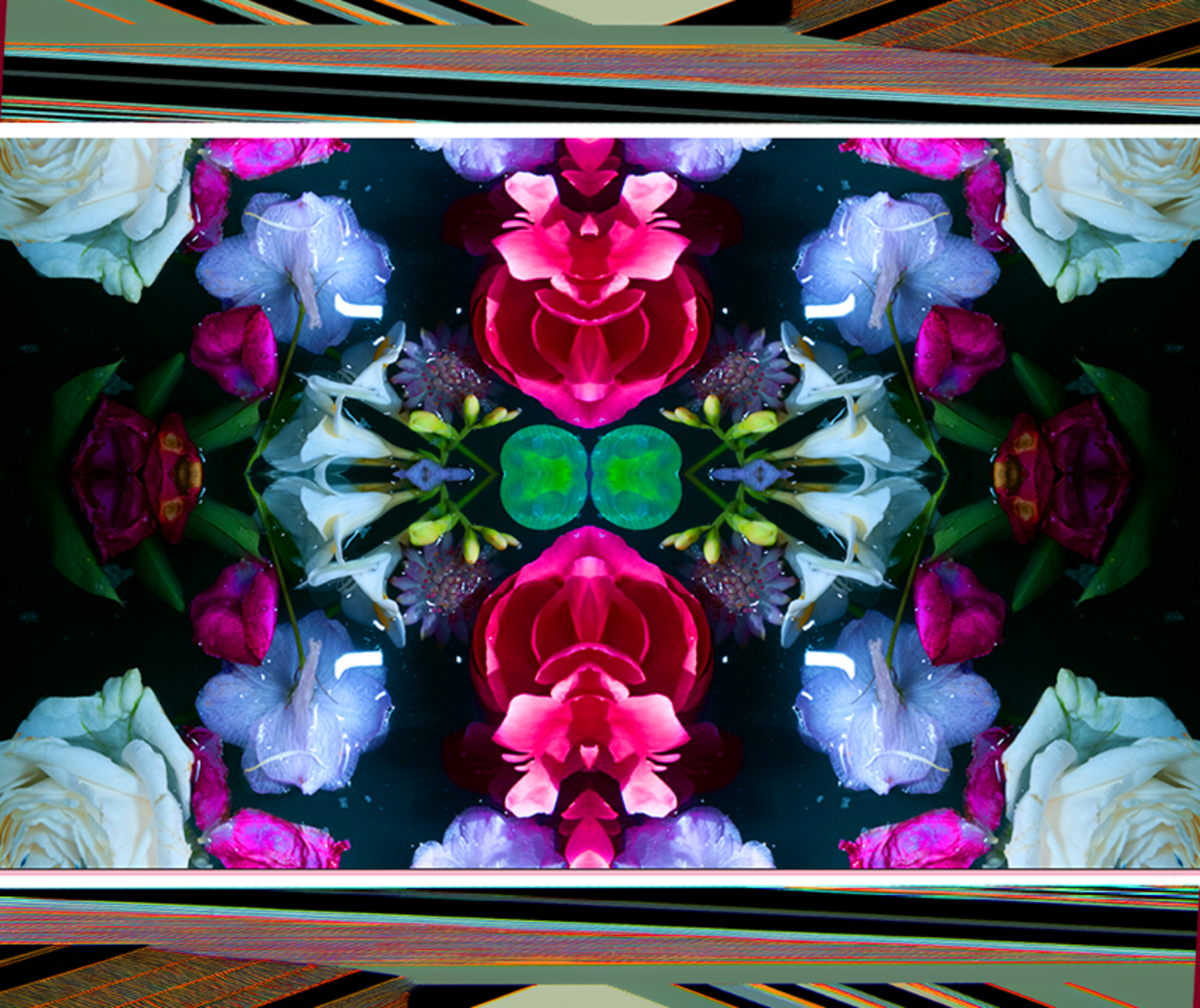 Jacquarddeken met bloemen in roze, rood, paars en wit, gespiegeld in water. Heldere, symmetrische compositie met botanische motieven.