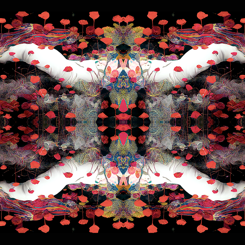 Jacquarddeken met witte figuren, rode papaverbloemen en rookachtige lagen in symmetrisch patroon.
