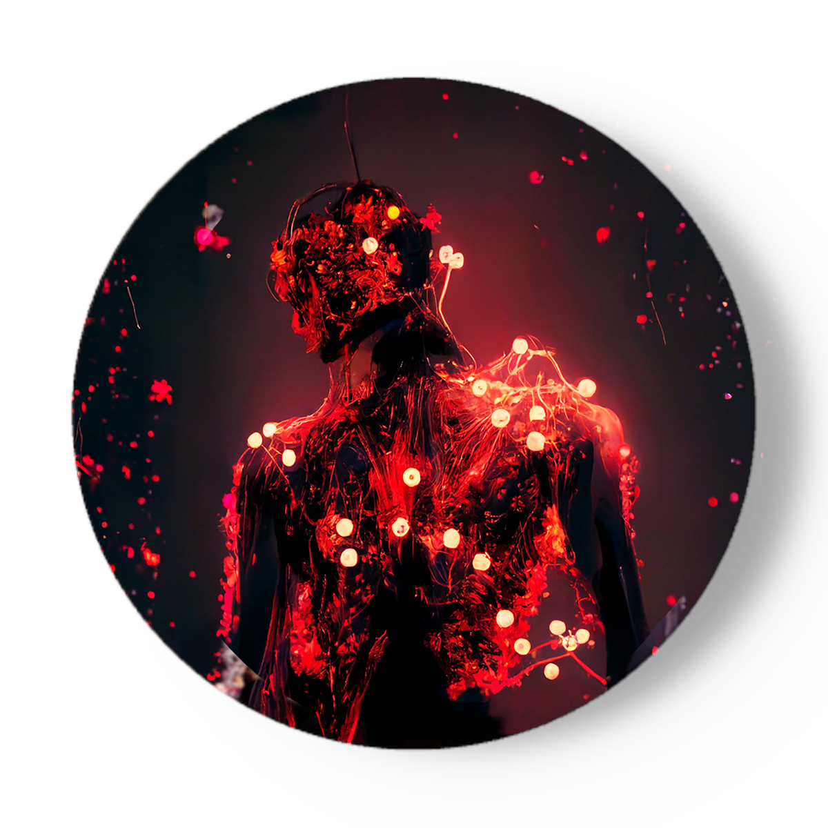 Een opvallend porseleinen wandbord met eenzwart figuur in het midden tussen rode lichtjes