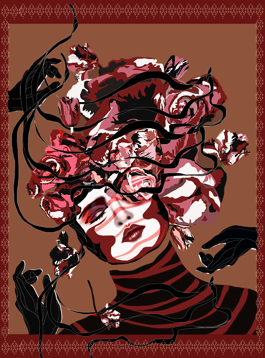 Surreal floral portrait of a sleeping face wrapped in red flowers with warm brown background.