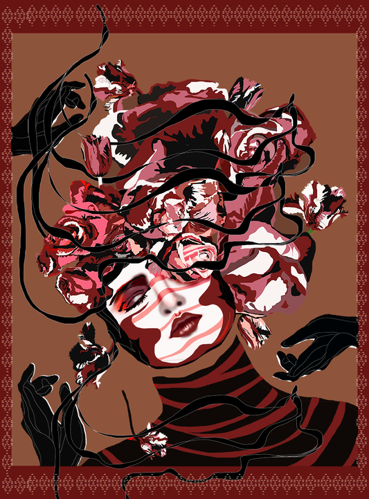Surreal floral portrait of a sleeping face wrapped in red flowers with warm brown background.