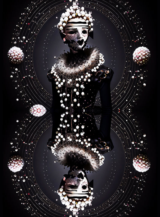 Zwart-witte jacquarddeken met gemaskerde figuur, parels, cirkels en barokke details.