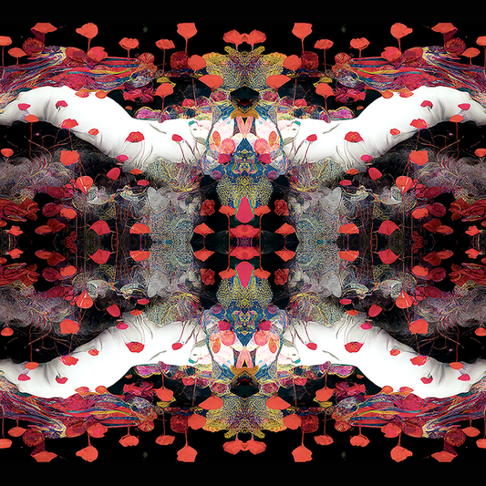 Jacquarddeken met witte figuren, rode papaverbloemen en rookachtige lagen in symmetrisch patroon.