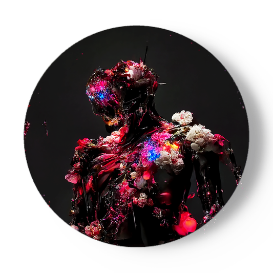 Een surrealistische porseleinen wandbord met een gebloemde zwarte figuur in het midden