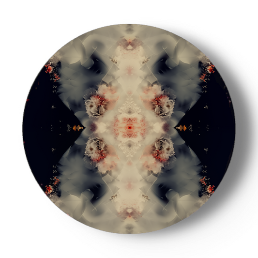 Mystieke, symmetrische compositie met organische rook- en bloemstructuren.